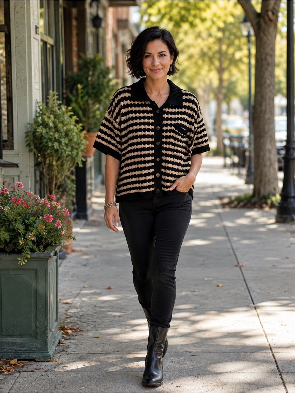 H222 NWT La February M ptp20 Striped Short-Sleeve Cardigan Sweater Black Beige